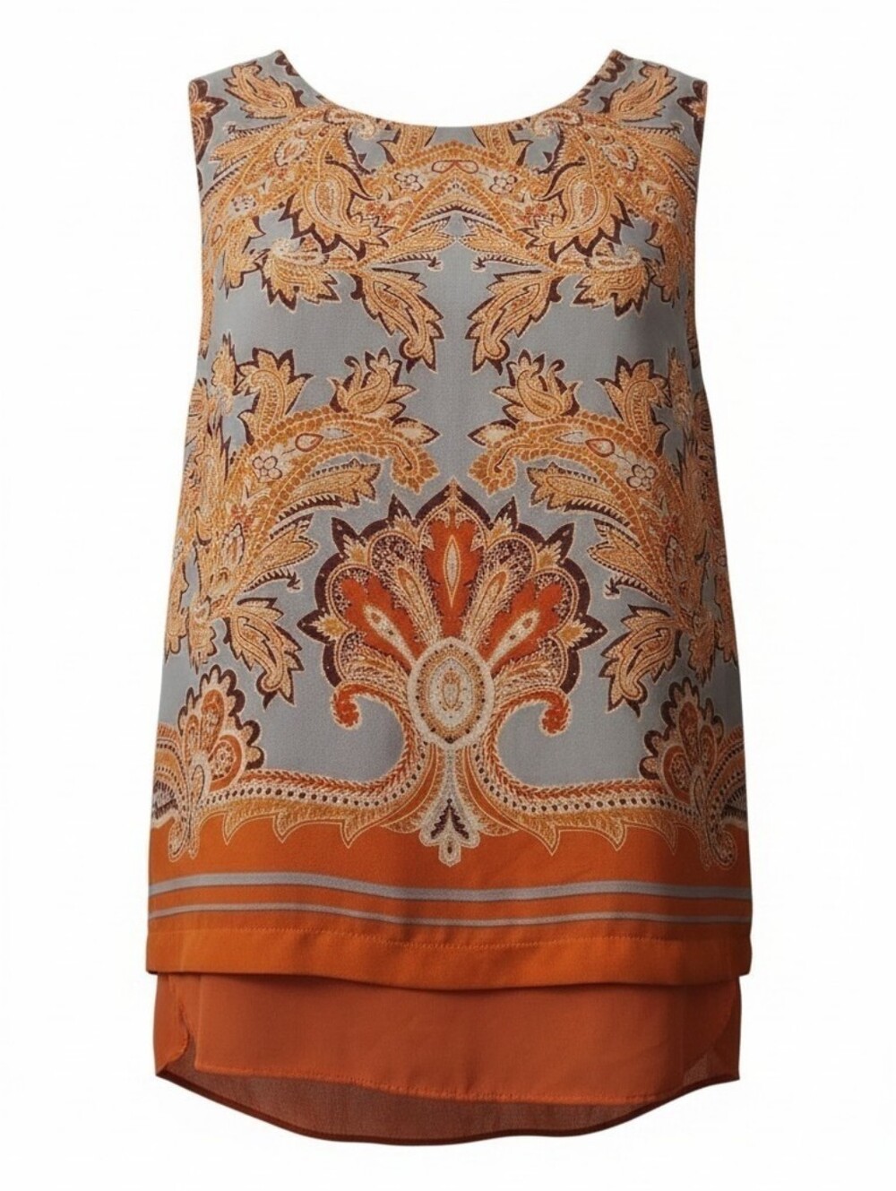 Rose & Olive Orange and Gray Paisley Layered Tank